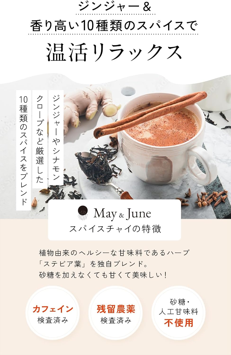May&June スパイスチャイティー シナモン ジンジャー 10種類のスパイス ノンカフェイン ティーバッグ30包