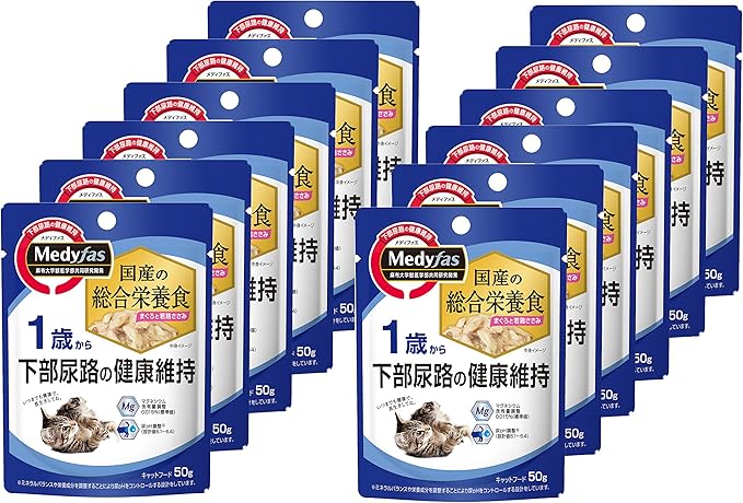 メディファス ウェット キャットフード 1歳から まぐろと若鶏ささみ 【総合栄養食/下部尿路/pHコントロール/国産】 50gx12 (まとめ買い)