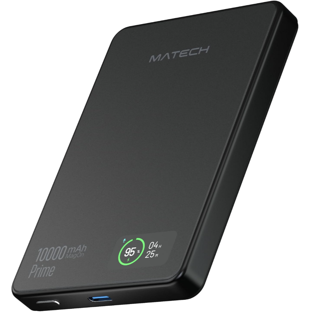 MATECH Qi2 モバイルバッテリー マグセーフ 超薄型 小型 軽量(薄さ12.9mm, 10000mAh)【MagSafe対応マグネット式/最大出力15W ワイヤレス/タイプC PD22W/iPhone12~16対応】(MagOn Prime 10000 ブラック)