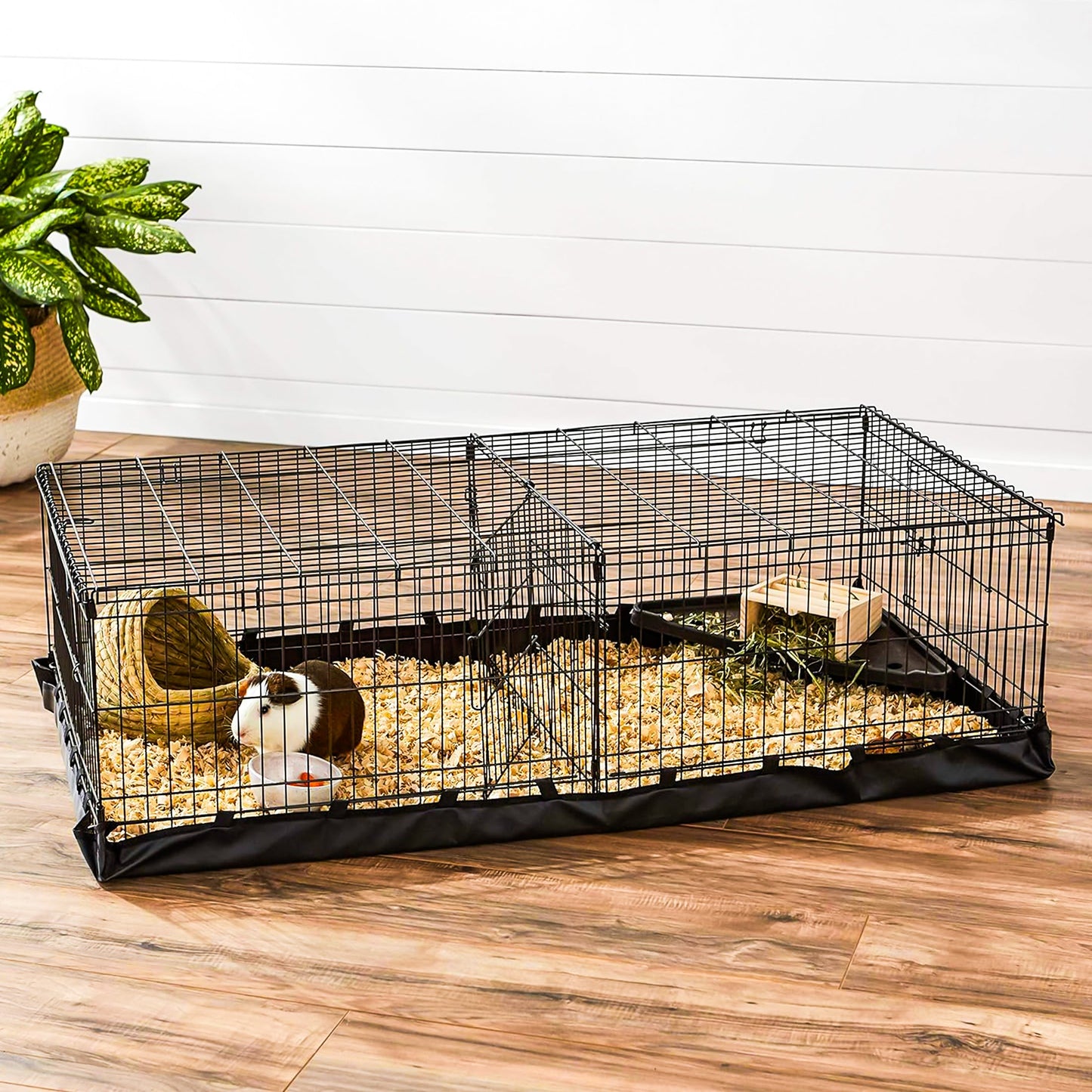ペットサークル 小動物用 ケージ ドア・仕切り付き 屋内 屋外兼用 底付き 防水仕様 天井カバー付き 餌置き台付き 小型犬 猫 うさぎ モルモット 折りたたみ式 ペットゲージ 組立簡単 逃走防止 61.5×121×35.5cm