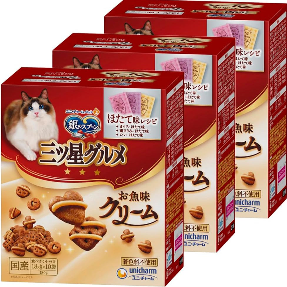 【まとめ買い】銀のスプーン キャットフード ドライ 三ツ星グルメ お魚味クリーム ほたて味レシピ 3種のアソート 180g×3箱 国産 ユニチャーム