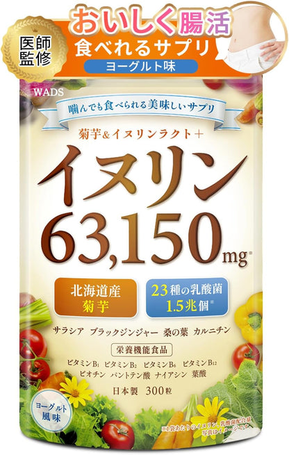 イヌリン 63,150㎎ 水溶性 食物繊維 菊芋 23種の乳酸菌 ビフィズス菌 1.5兆個 医師監修 栄養機能食品 ビタミンB群 サラシア 桑の葉 ブラックジンジャー カルニチン 30日分 WADS
