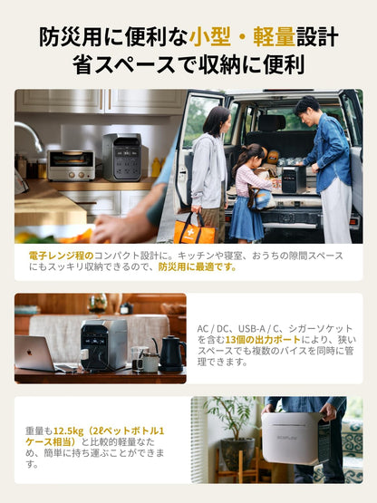 EcoFlow DELTA 2ポータブル電源 1024Wh リン酸鉄リチウムイオン 業界屈指の爆速充電スピード 1.2時間フル充電 高出力AC(定格1500W / 瞬間最大1900W) 15出力ポート 長寿命10年 アプリ対応 拡張バッテリー対応(別売り) パススルー機能 家庭用 蓄電池 ポータブル バッテリー 車中泊 アウトドア キャンプ 節電対策 停電対策 防災安全協会推奨 防災グッズ