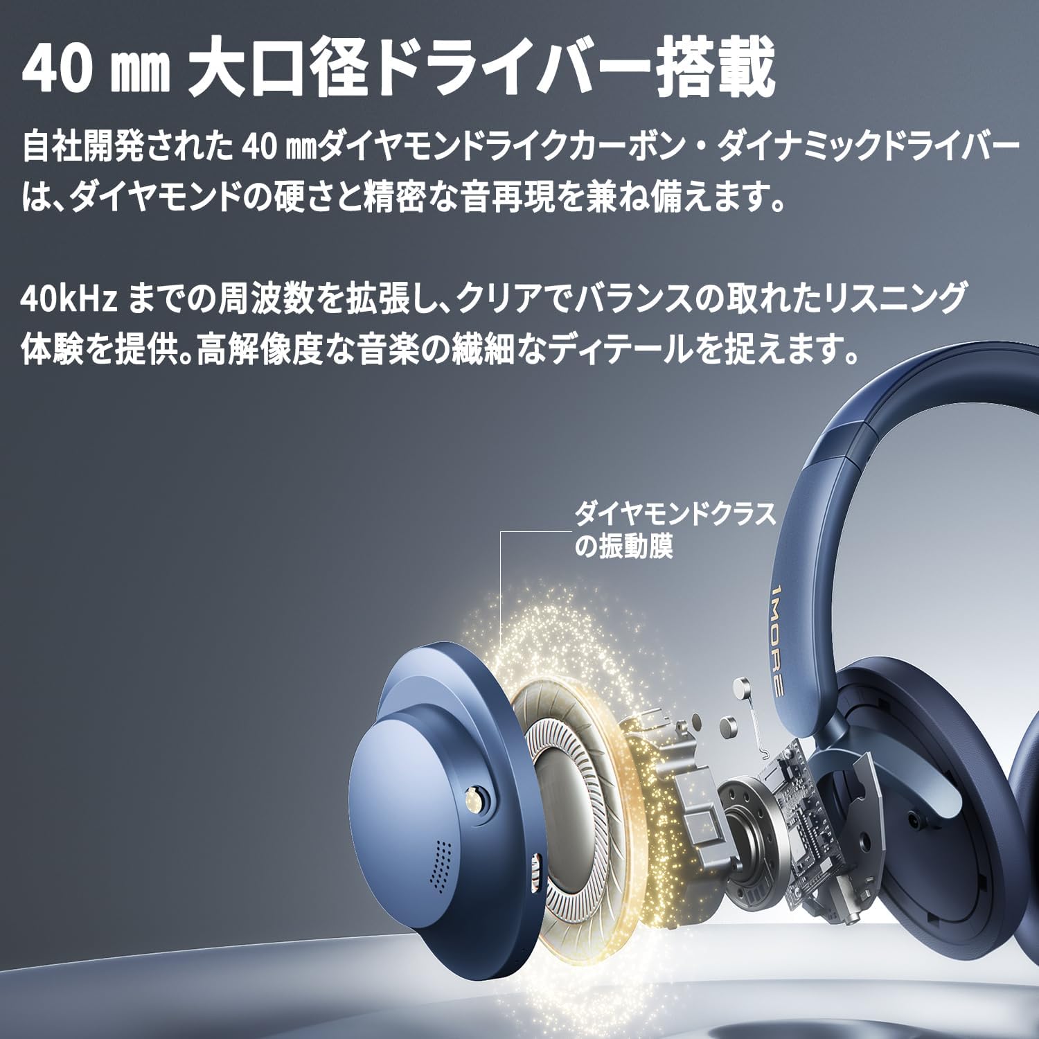 1MORE ハイレゾ対応 ワイヤレスヘッドホン SonoFlow Pro HQ51 【LDAC対応 / 3.5mm有線使用可能 / Hi-RES AUDIO認証 / 40mm大口径ドライバー / 折りたたみ / 最大100時間音楽再生 / アクティブノイズキャンセリング/外音取り込み/マイク内蔵/専用アプリ対応】(ブルー)