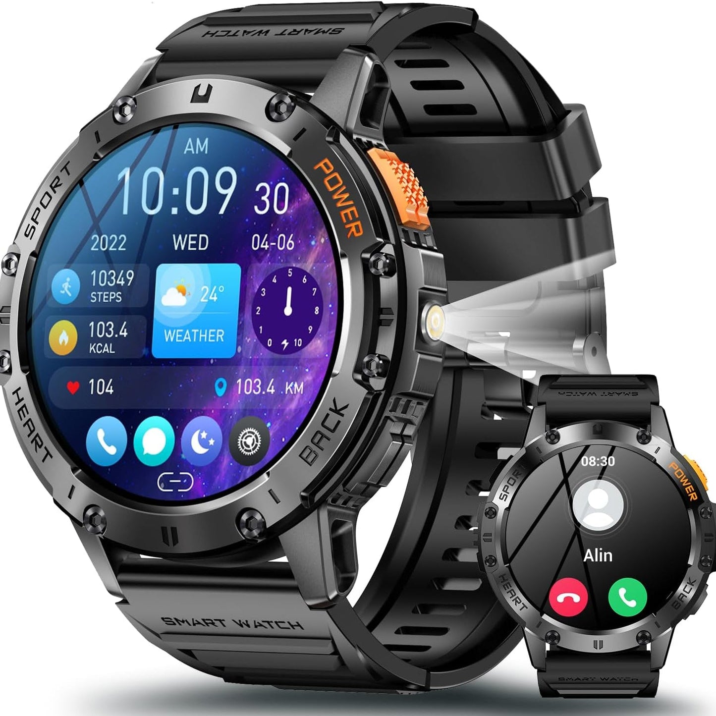 スマートウォッチ 【2025革新モデル 軍用規格&防水防塵耐衝撃】1.43インチAMOLED高精度画面 懐中電灯付き 通話機能付き 530mAh長持ちバッテリー iphone対応 アンドロイド対応 メッセージ通知 音楽再生 音声アシスタント 腕時計 100+種類運動モード Smart watch スポーツウォッチ 文字盤自由設定 天気予報 メンズ レディース