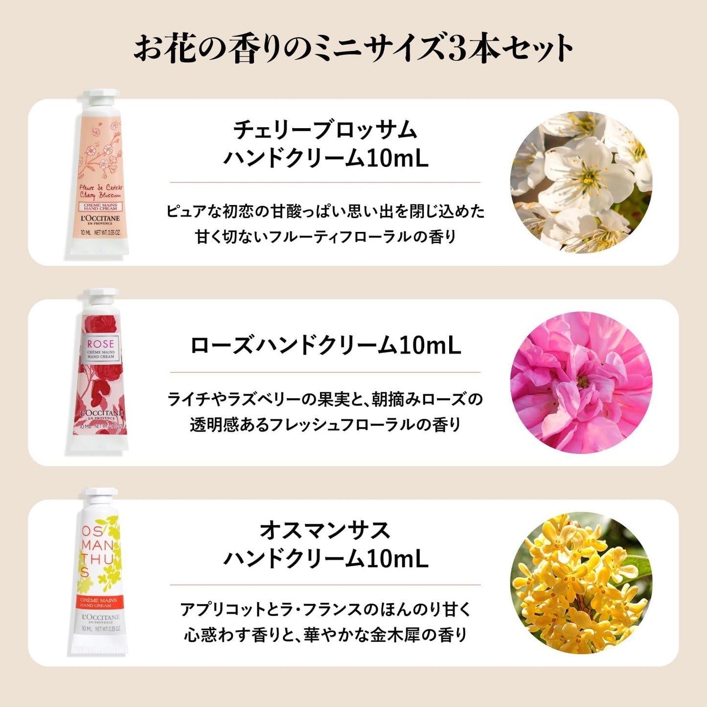 ロクシタン(L'OCCITANE) ミニハンドクリームトリオ (チェリーブロッサム、ローズ、オスマンサス) 3本セット プチギフト 誕生日 プレゼント ギフト 女性 男性 人気 送別