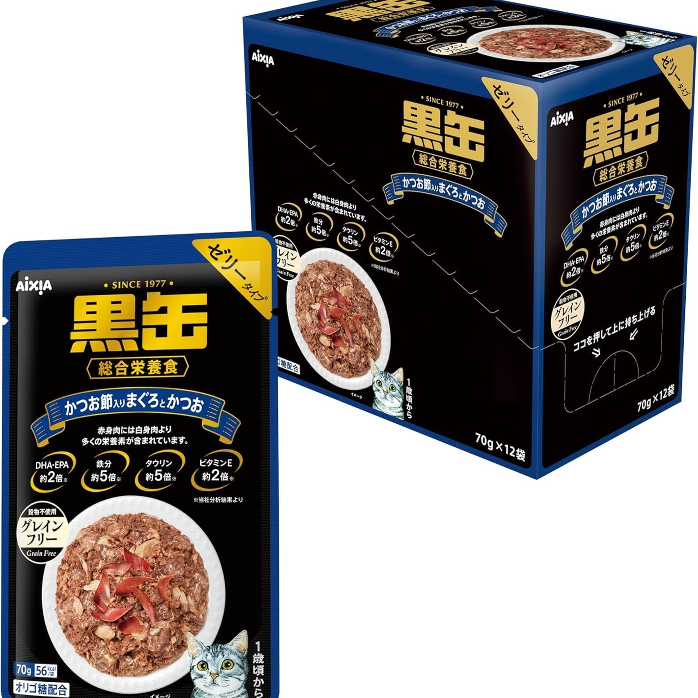 黒缶 パウチ かつお節入りまぐろとかつお 総合栄養食 70g×12個セット