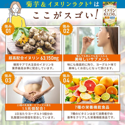 イヌリン 63,150㎎ 水溶性 食物繊維 菊芋 23種の乳酸菌 ビフィズス菌 1.5兆個 医師監修 栄養機能食品 ビタミンB群 サラシア 桑の葉 ブラックジンジャー カルニチン 30日分 WADS