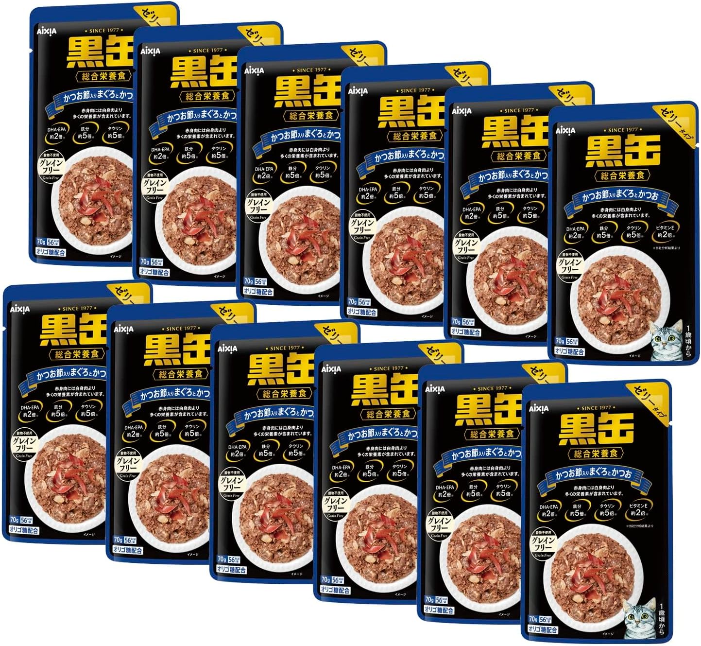 黒缶 パウチ かつお節入りまぐろとかつお 総合栄養食 70g×12個セット