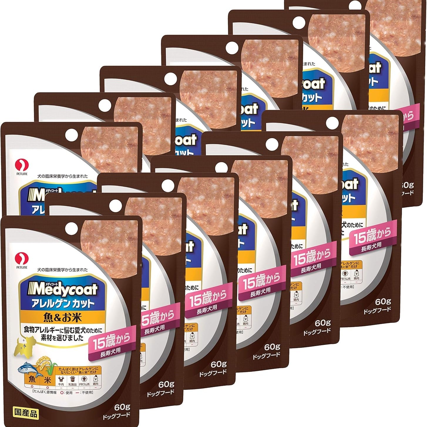 メディコート ドッグフード アレルゲンカット パウチ 15歳から長寿犬用 魚&お米 60グラム (x 12) (まとめ買い)